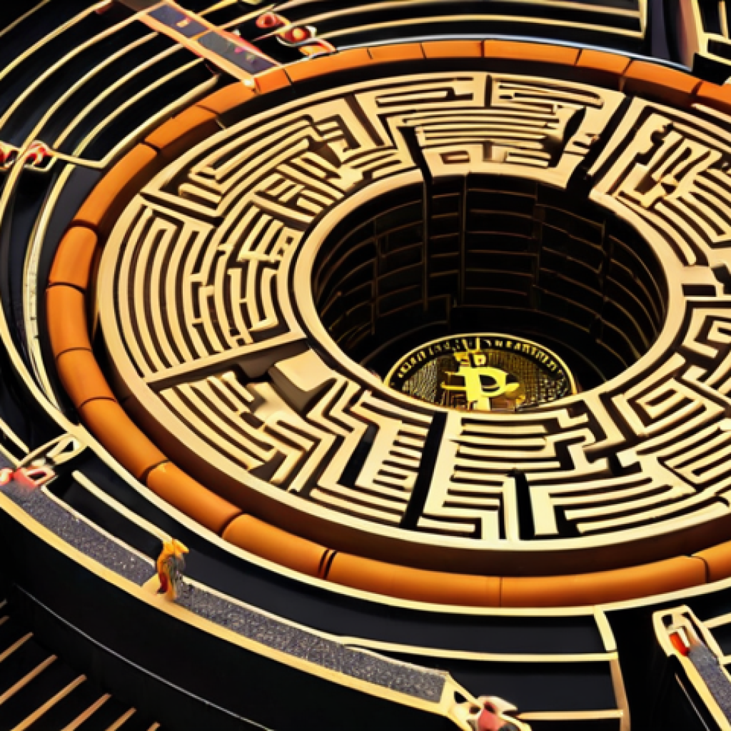 A digital landscape representing the complex and often treacherous legal and scam risks in the cryptocurrency world. It features glowing "scam" traps and deceptive promises (like fake investment charts or 'rug pull' visuals) lurking amidst a maze of constantly shifting regulatory signposts and warning symbols. A figure navigates this environment cautiously, highlighting the hidden dangers of unregulated platforms and fraudulent schemes.